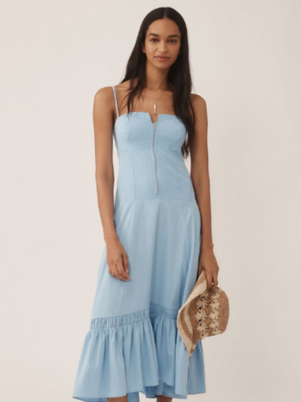 Anthropologie | Zip-Front Ruffle-Hem Midi Dress | Size XS | Like-New